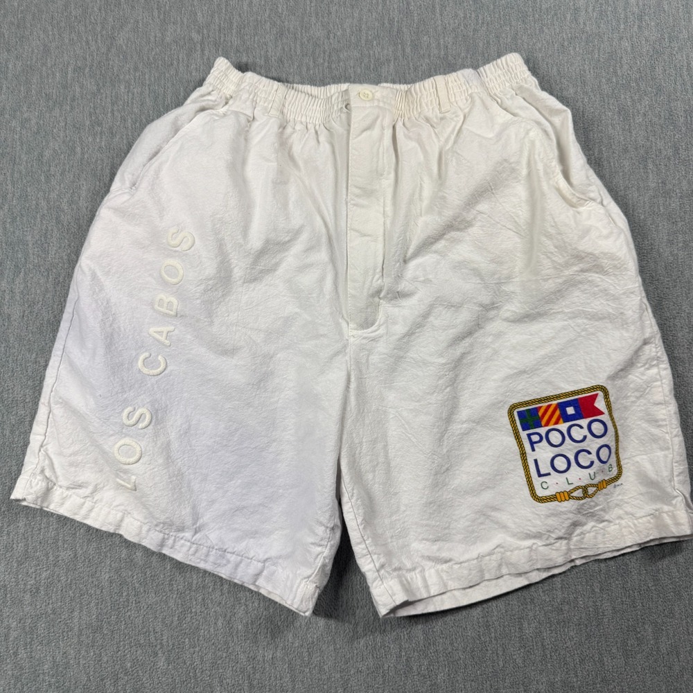 Poco Loco Club Shorts Men 26 White Vintage 100% Cotton Los Cabos Mexico Beach